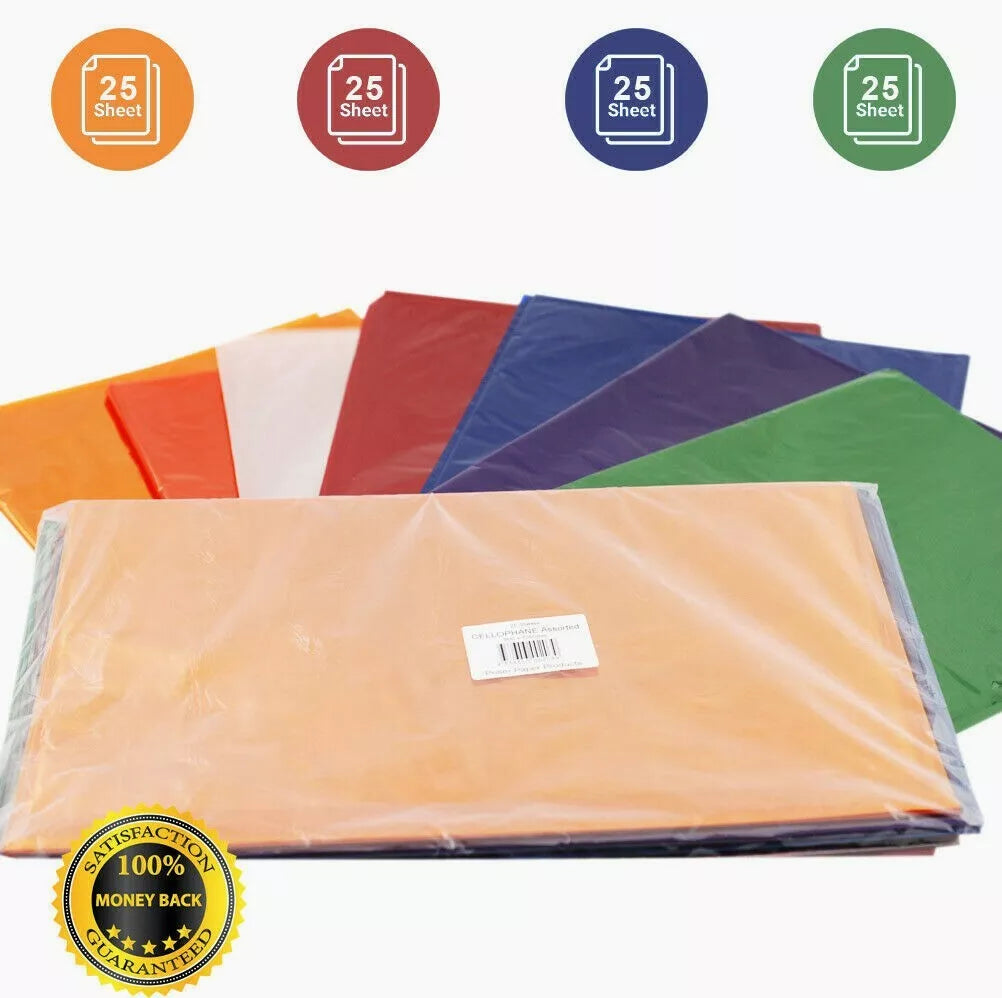 A pack of 25 mixed color cellophane sheets, displayed in a clear plastic packaging with a label showing the colors included.