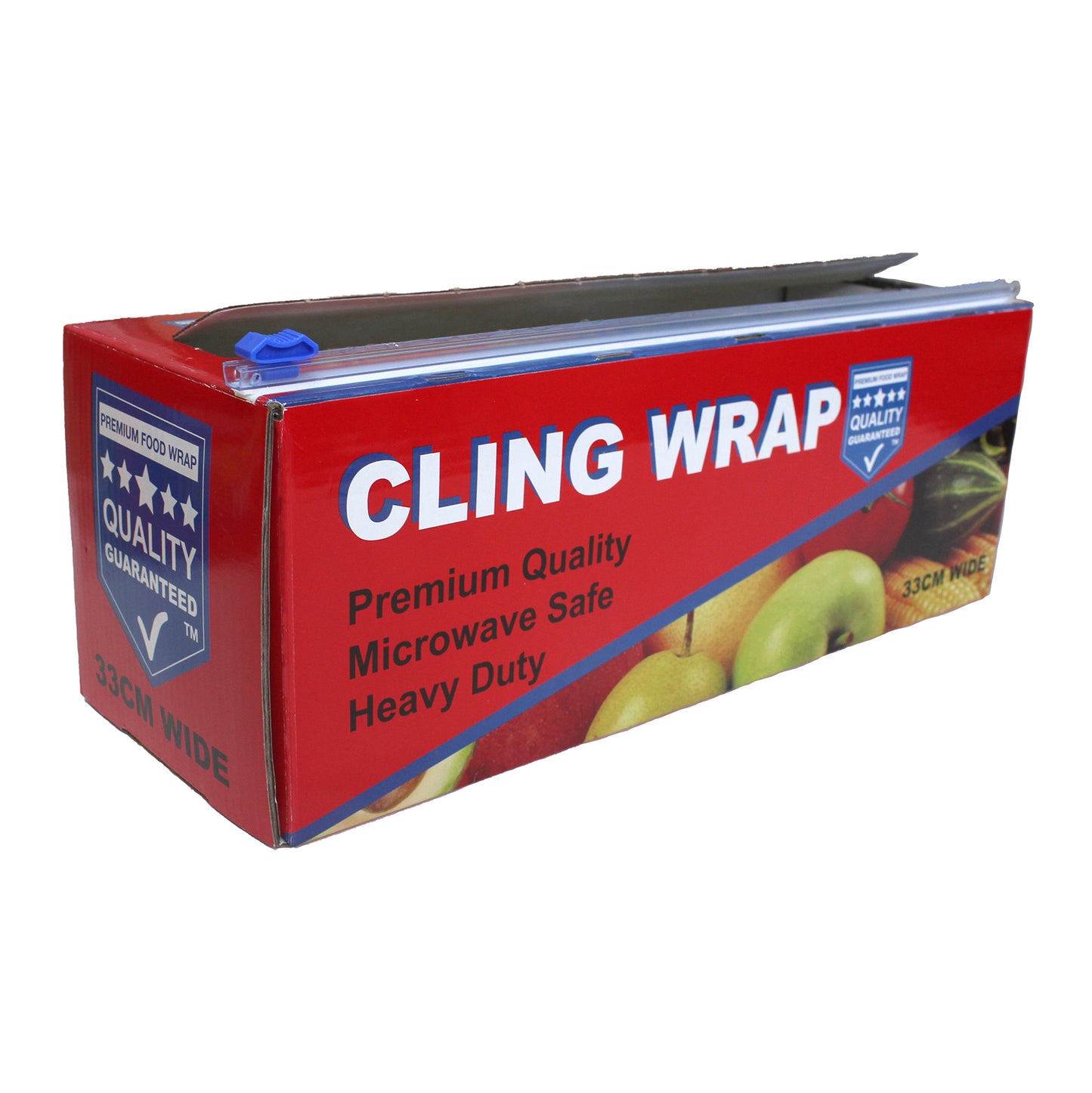 A box of Premium Quality Cling Wrap, with branding and product information displayed on the packaging. The box is predominantly red with images of fruits wrapped in the plastic, and text highlighting microwave safety and heavy-duty use.