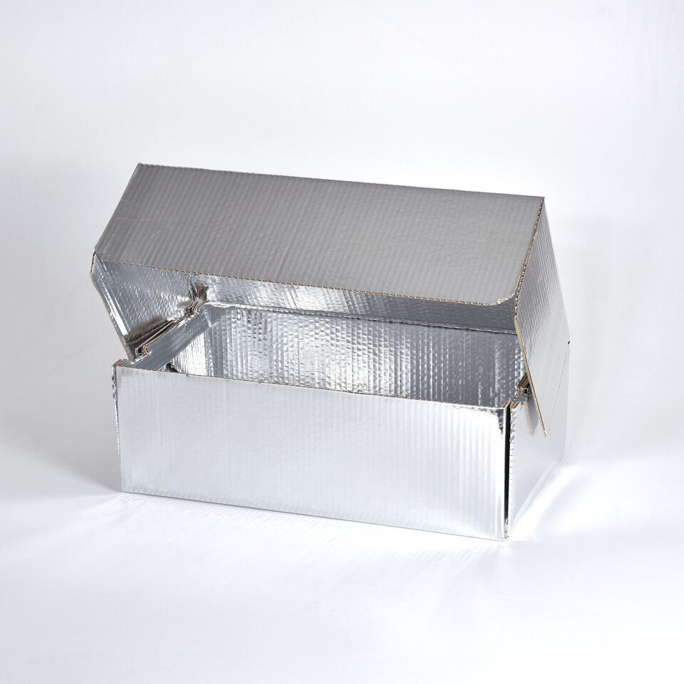 A silver, thermally insulated cardboard delivery takeaway box with a metallised lining.