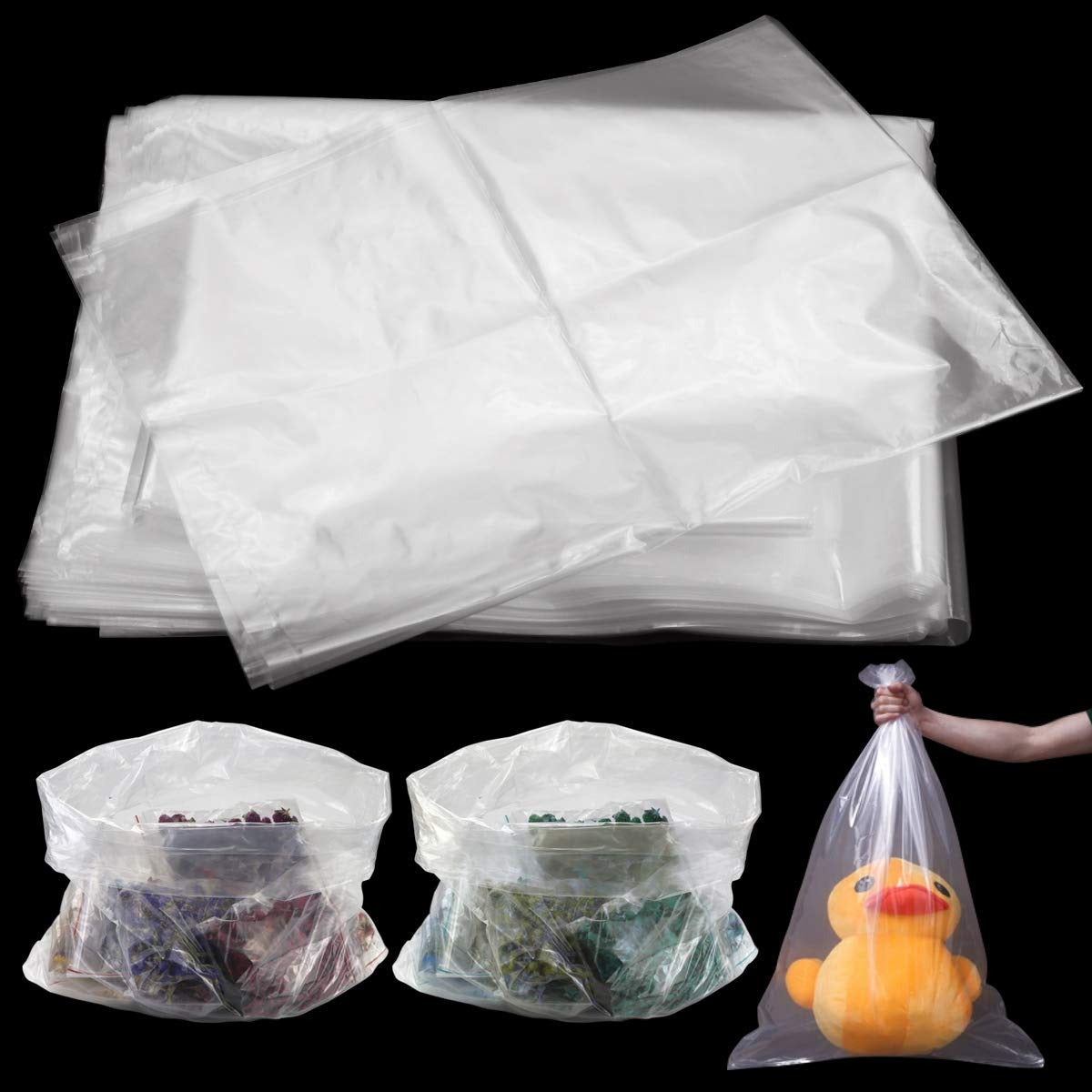 Stack of clear plastic bags with examples of use on a black background