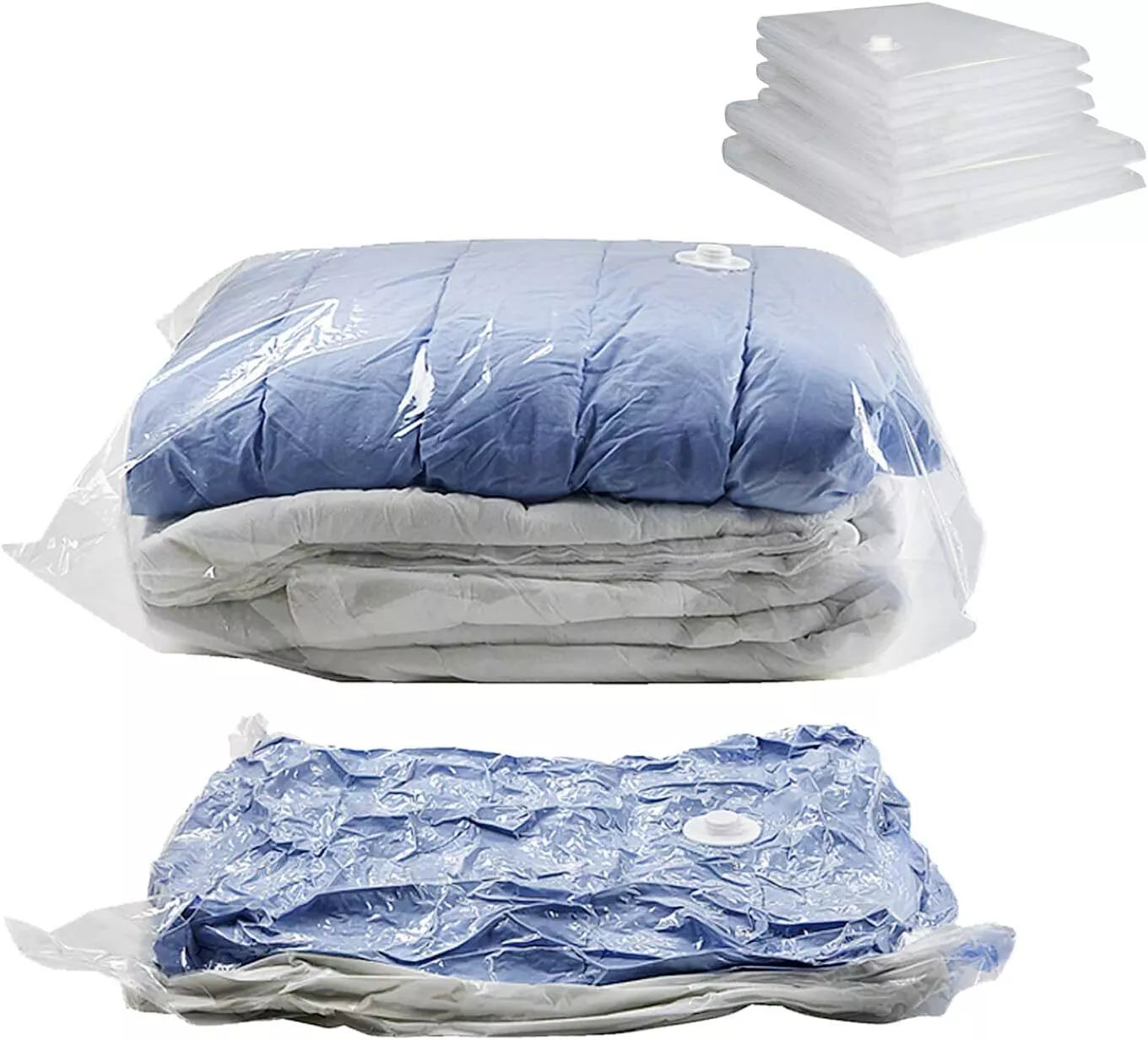 Stack of large and medium blue vacuum storage bags