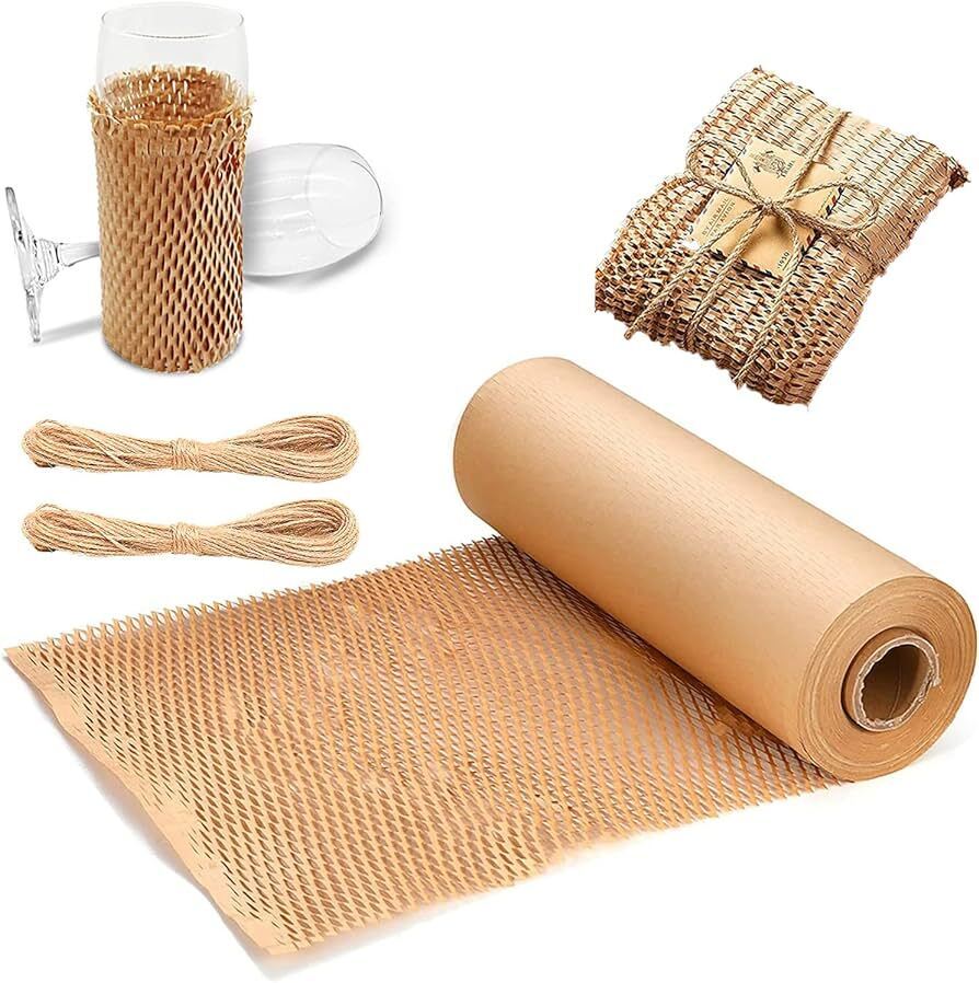 A brown honeycomb kraft paper roll with a small portion of the roll partially unrolled, along with some beige twine and a glass bottle for scale.