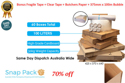 A stack of brown cardboard boxes with a label indicating 'Same Day Dispatch Australia Wide' and a bonus fragile tape + clear tape offer. The image also shows a stack of butcher's paper and a bubble wrap, indicating the included packing materials.