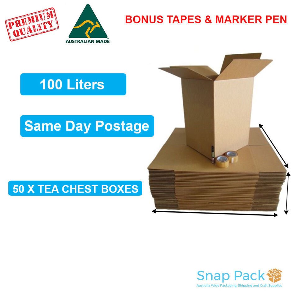 A cardboard tea chest box with dimensions labeled, bonus tapes and marker pen indicated, and a claim of 'Made in Australia'.