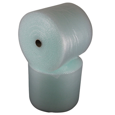 Two rolls of clear bubble wrap padding material, coiled and placed next to each other.