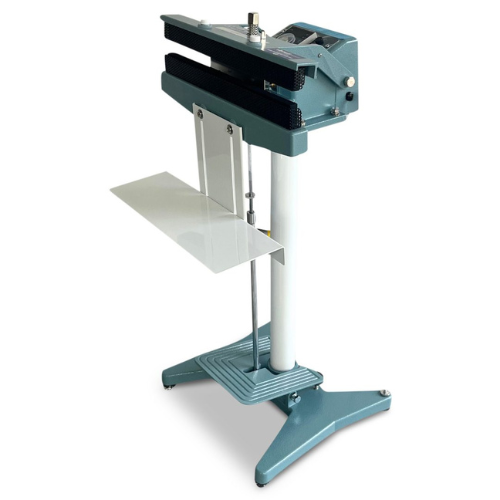 A freestanding industrial stand with a teal metal base, white support column, and dark gray top mechanism, shown on a plain white background.