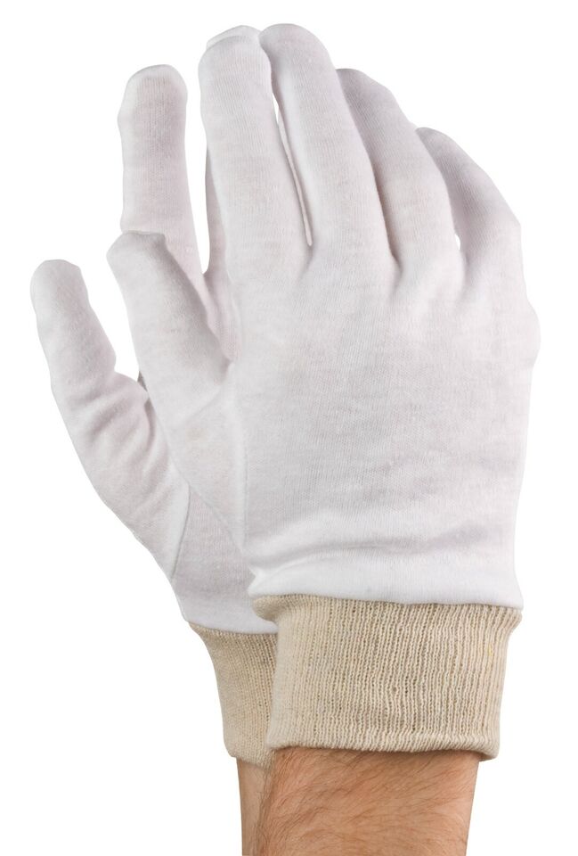 A single white cotton glove with a knitted cuff, designed for light general purpose work.