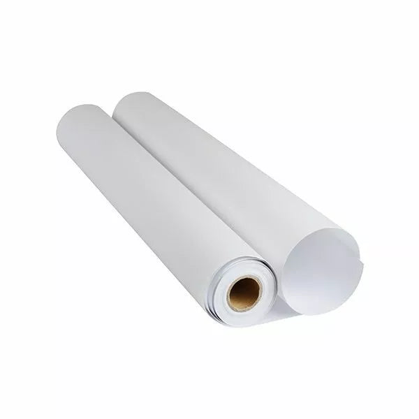 Two rolls of white paper towels, one standing upright and the other lying on its side, against a white background.