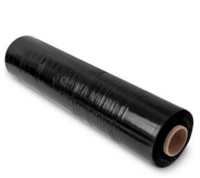 A roll of black stretch wrap film for pallets.