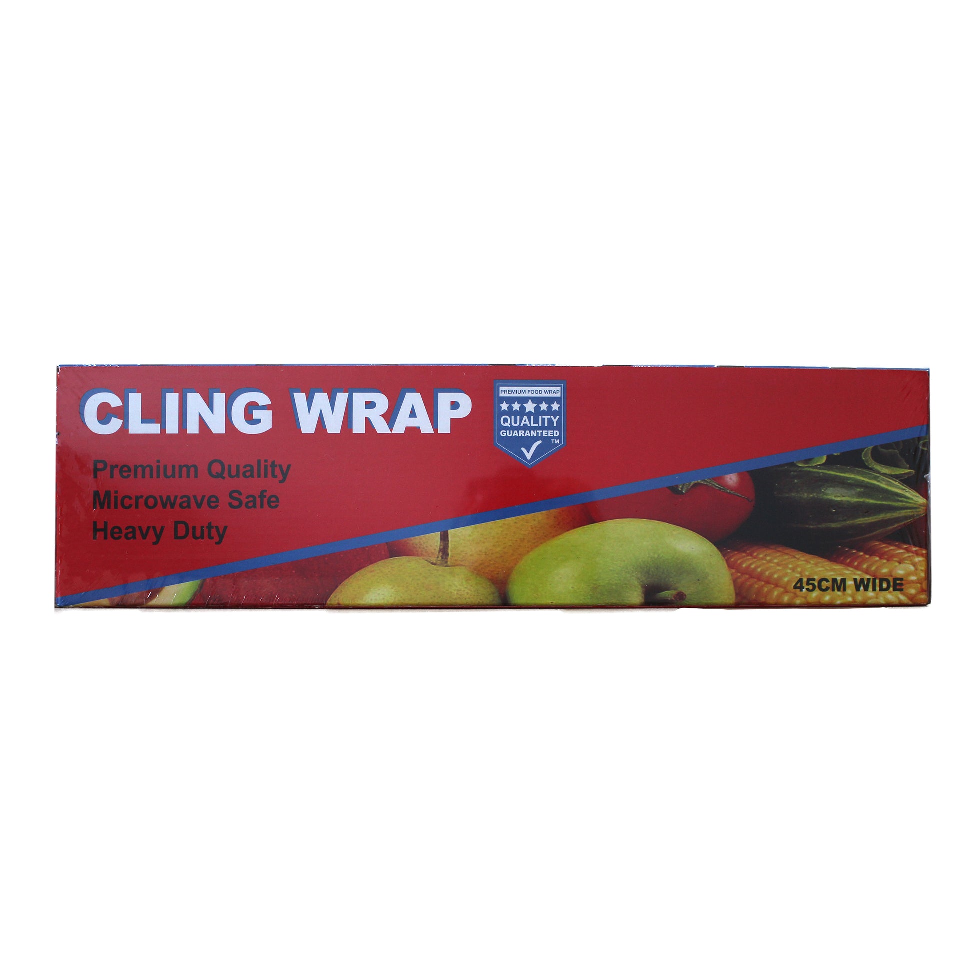 A box of Premium Quality Cling Wrap by Food Quality, indicating microwave safety and heavy duty use, with an image of fruits on the packaging.