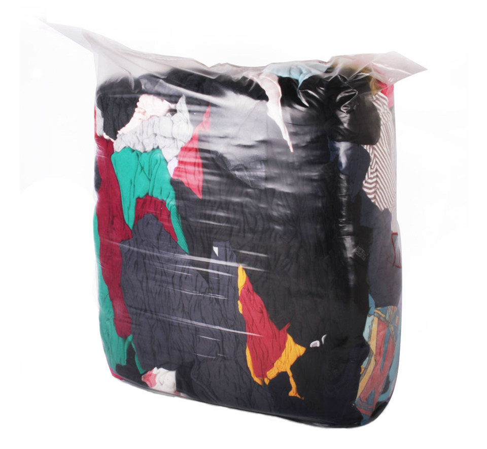 A bundle of mixed color industrial cleaning rags made from recycled cotton, packaged in a clear plastic bag.