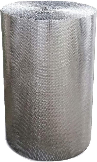 A roll of silver metalised foil bubble wrap insulation cushioning material.