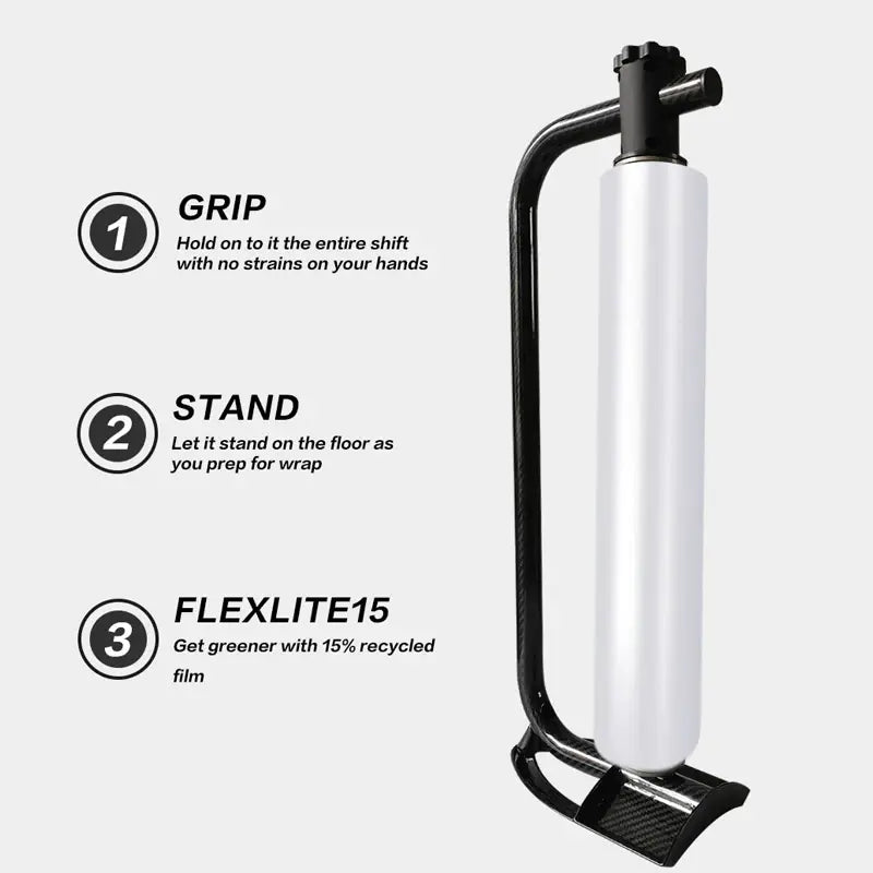 White air pump with black stand on a white background, featuring text on grip, stand, and Flexlite15.