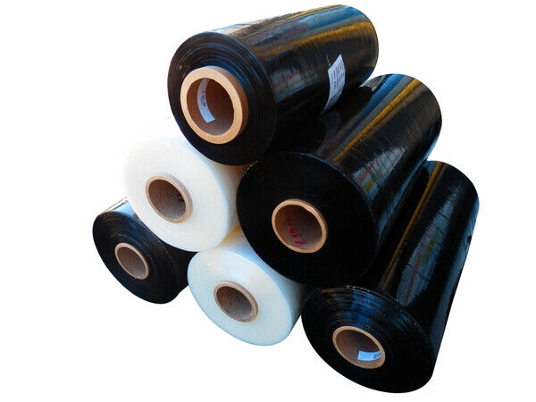 Rolls of black and clear stretch wrap film for machine pallet wrapping, with a width of 500mm and a length of 1500m.