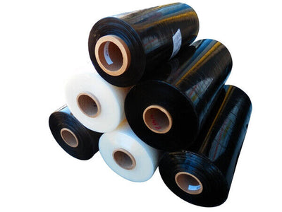Rolls of black and clear stretch wrap film for machine pallet wrapping, with a width of 500mm and a length of 1500m.