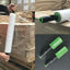 Two green and black pallet stretch shrink wrap dispensers with a roll of white wrapping paper.