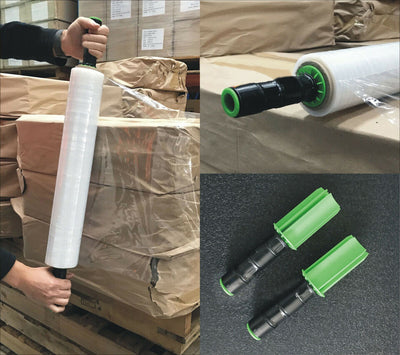 Two green and black pallet stretch shrink wrap dispensers with a roll of white wrapping paper.