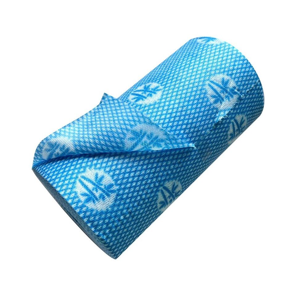 A roll of blue bamboo cleaning all-purpose wipes with a leaf pattern