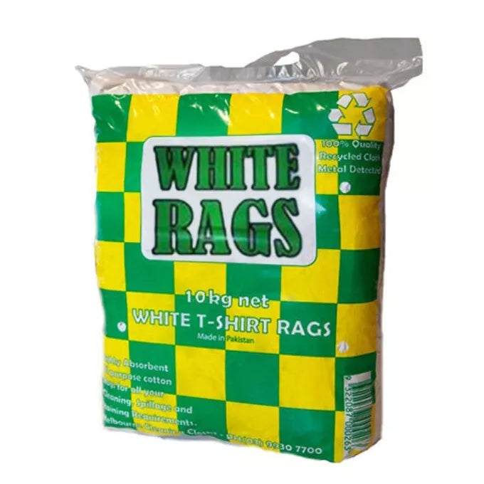 A sealed plastic bag containing white cotton rags with a green and yellow label that reads 'WHITE RAGS 10kg net'.