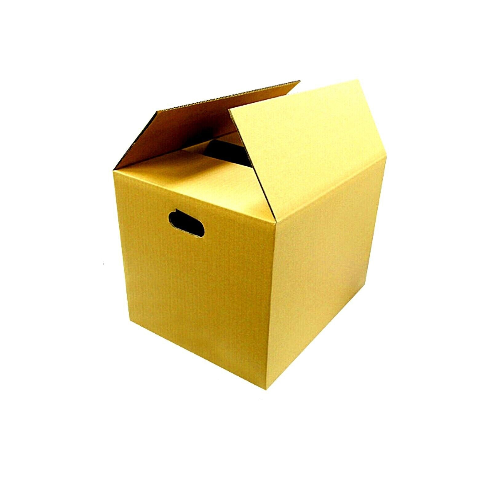 A single yellow cardboard packing box with handles, partially open.