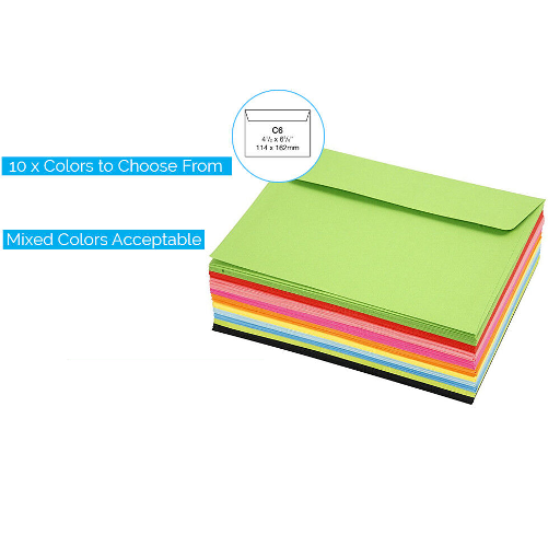 A stack of multicolored C6 envelopes, ranging from light blue, green, pink, yellow, to black, with text indicating the number of colors available and the size of the envelopes.