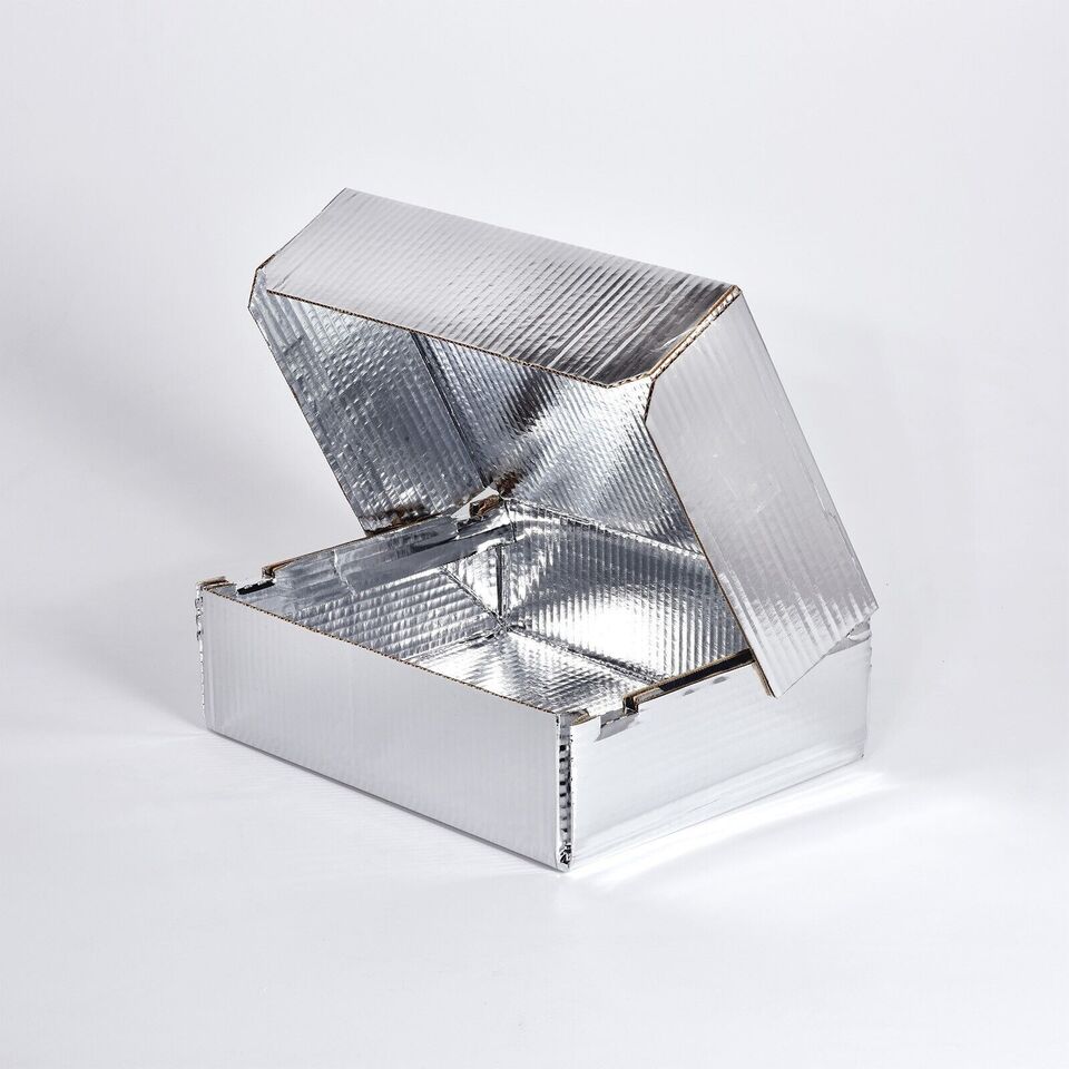 A silver, thermally insulated cardboard delivery takeaway box with a metallised lining.