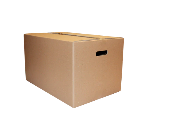 A single, unfilled cardboard box with handles on a plain background.