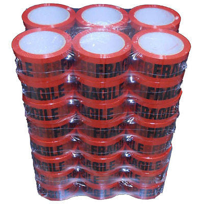 A stack of red packing tape rolls with 'FRAGILE' printed in black on each.