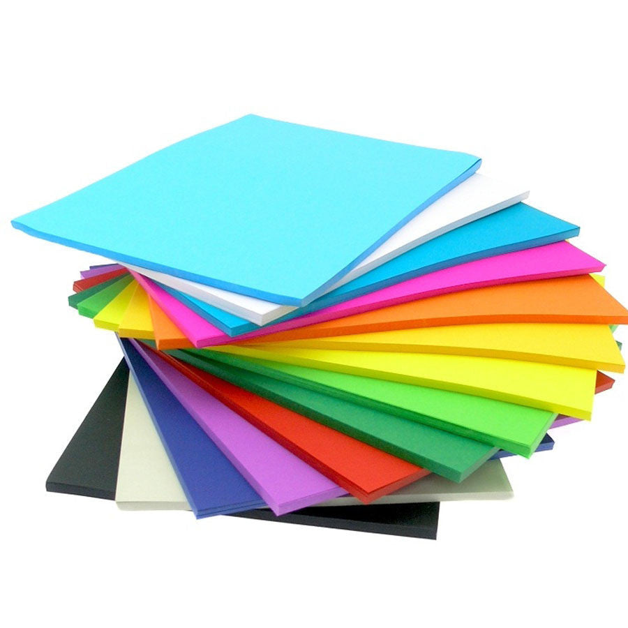 A stack of various colored cardboard paper sheets, with the top sheet being blue and the others showing a range of colors including red, orange, yellow, and green, among others.