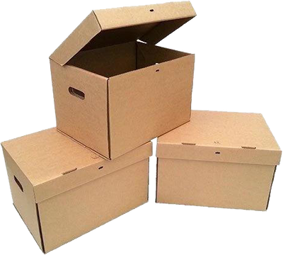 Three brown cardboard storage boxes with lids, the largest one is open showing the inside.
