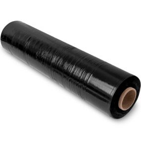 A roll of black pallet wrap film.