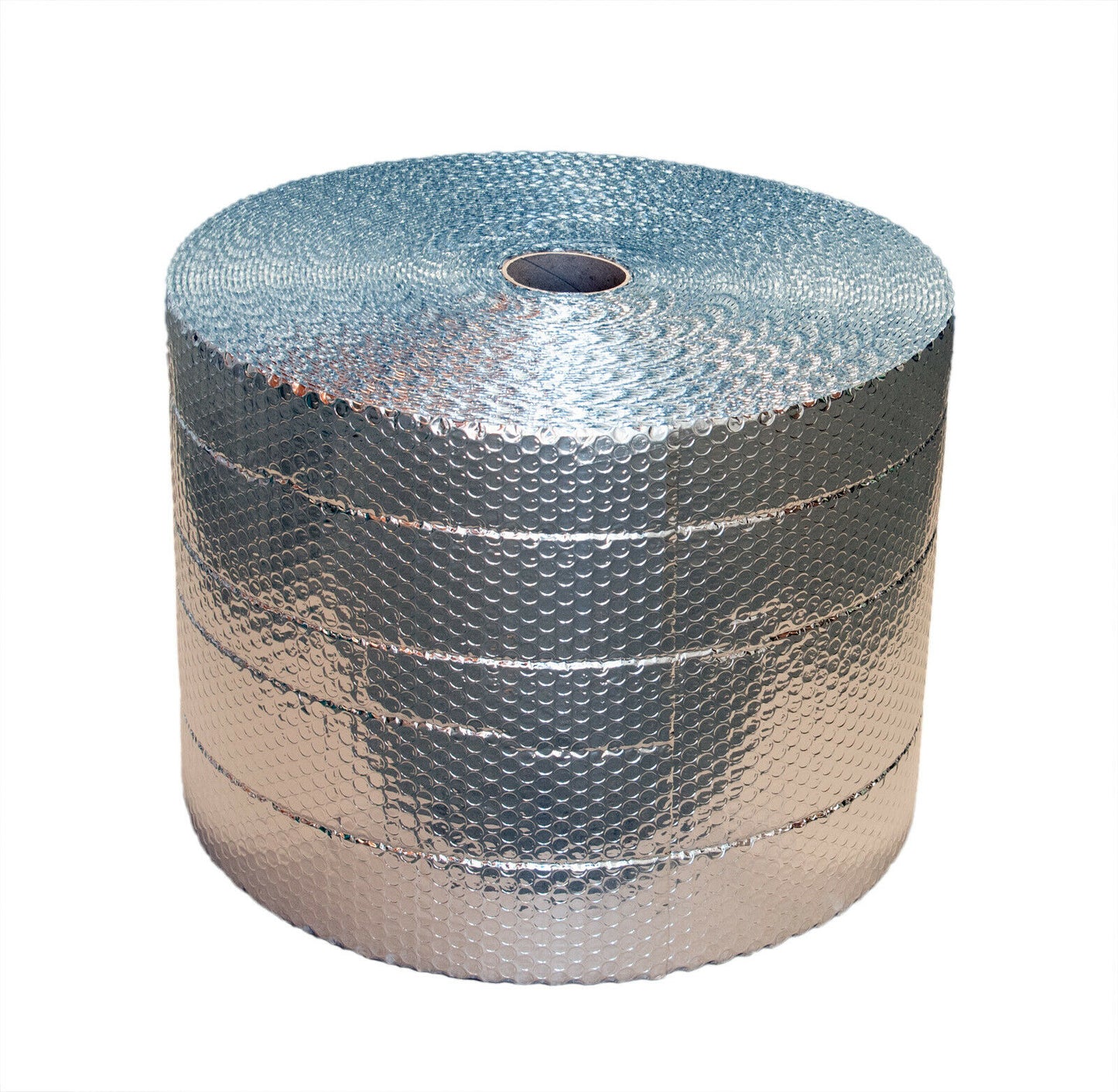 A roll of metalised foil bubble wrap packaging material.