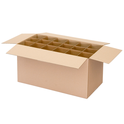 An open kitchen moving box with dividers designed for packing crockery and glassware.